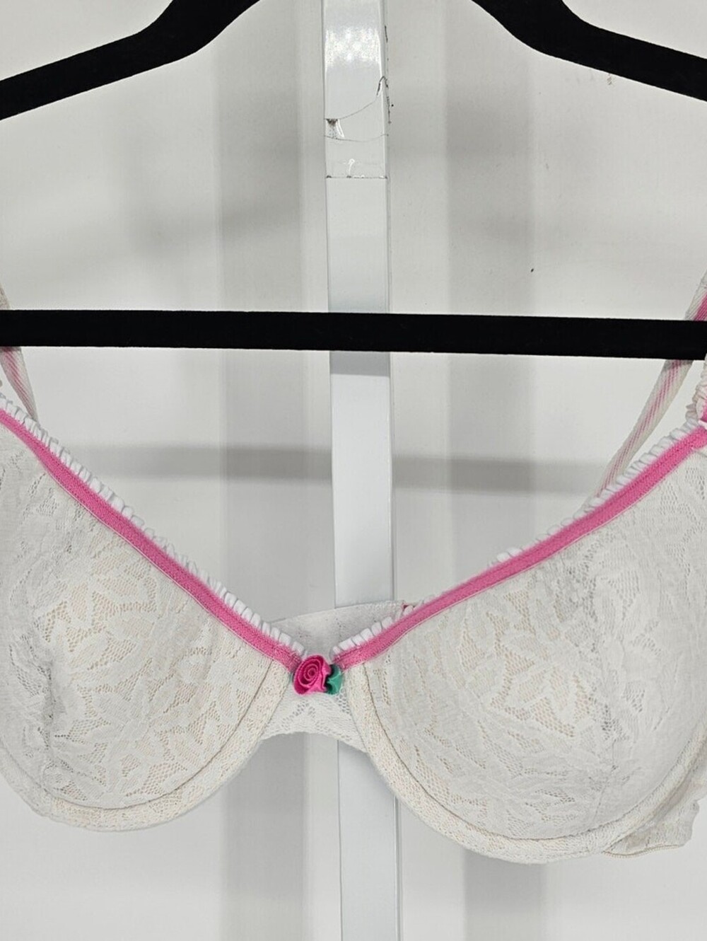 Vtg Fruit of the Loom Womens Sz 36C Classic T Shirt Bra White lace Pink Trim